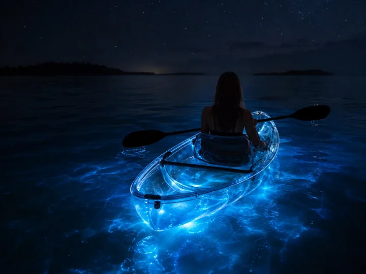 A clear kayak on glowing water at night