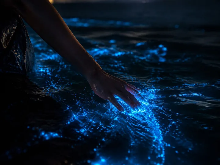 A hand trailing through glowing water at night