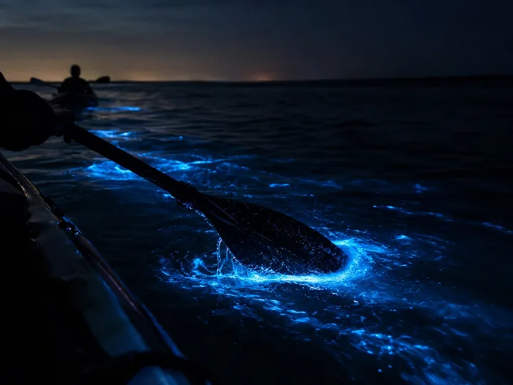 A kayak paddle stirring glowing blue water
