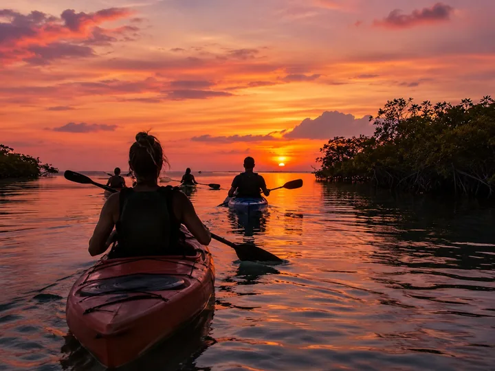 Kayaks on a calm bay at sunset