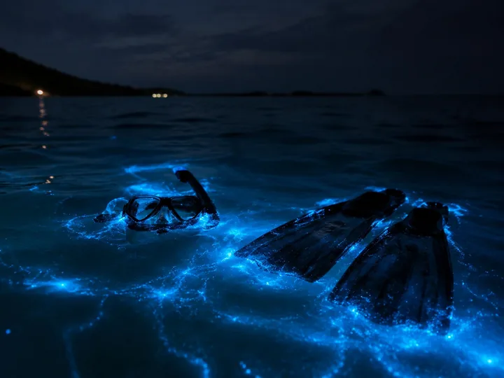 A snorkel mask floating on glowing blue water at night