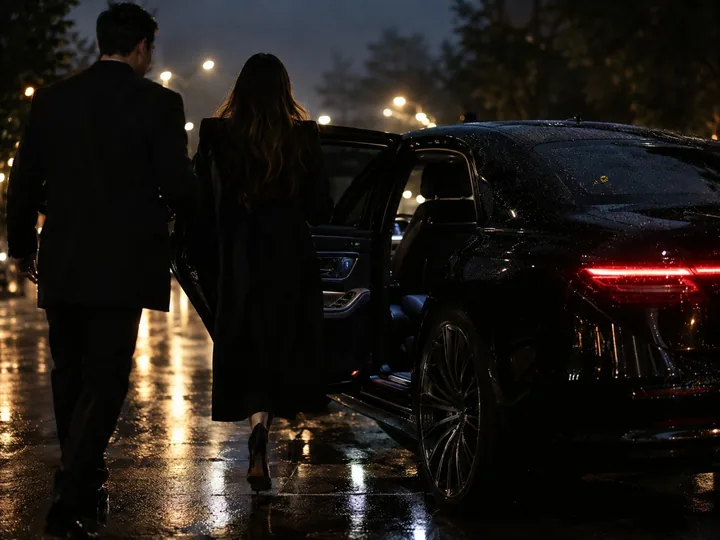 A black car with its rear door open at night