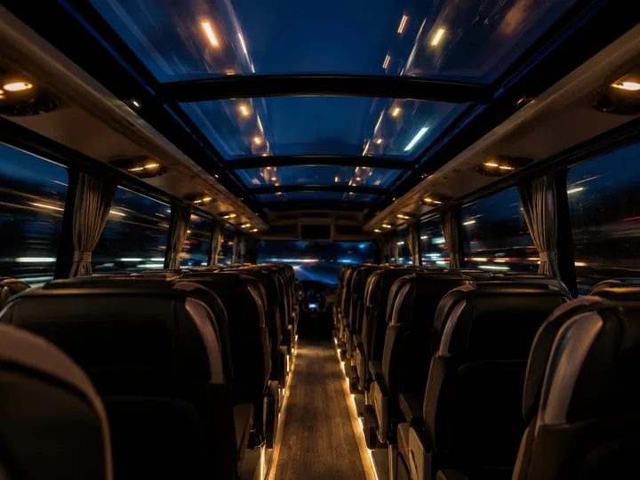 The glass roof of a tour coach at night