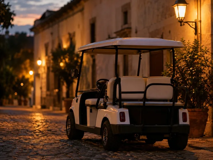 A golf cart on a cobbled street at dusk