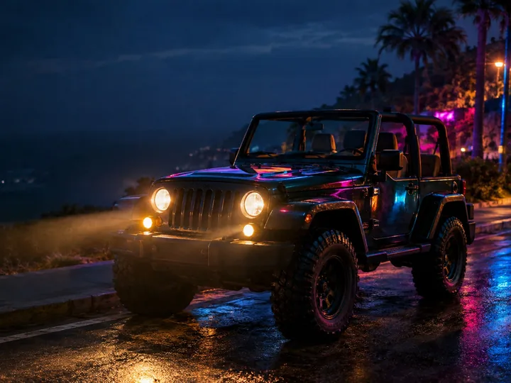 A jeep with its headlights on at night