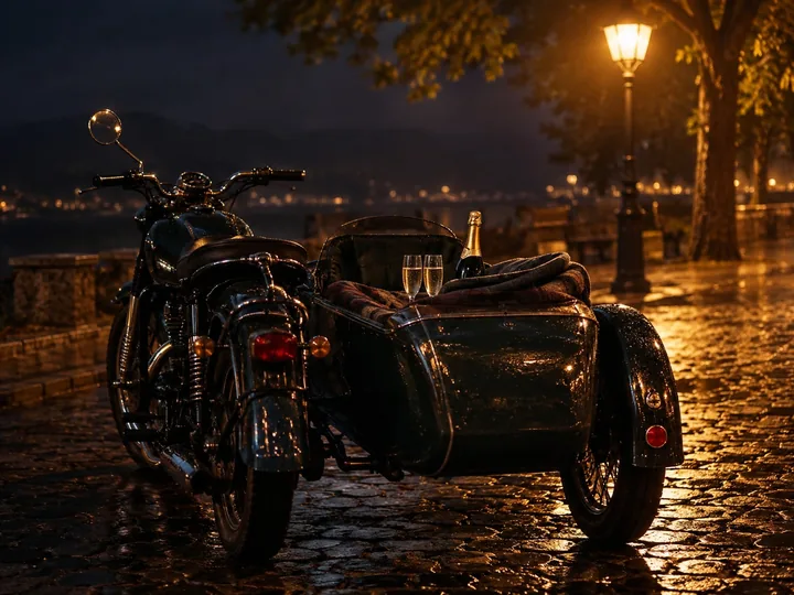 A vintage motorcycle with a sidecar on cobblestones at night