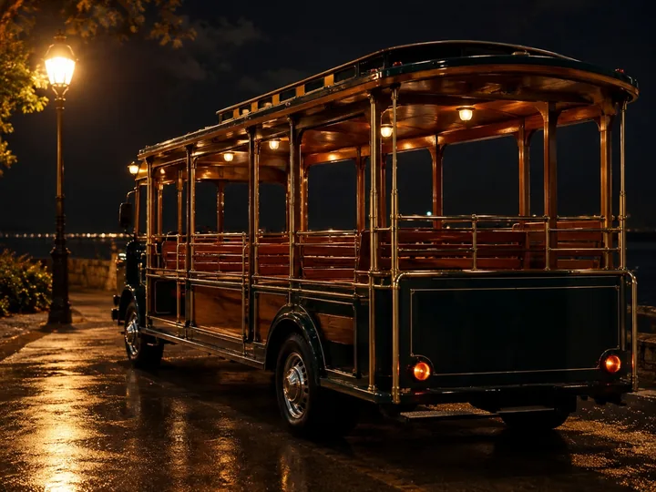 An old-fashioned trolley bus at night