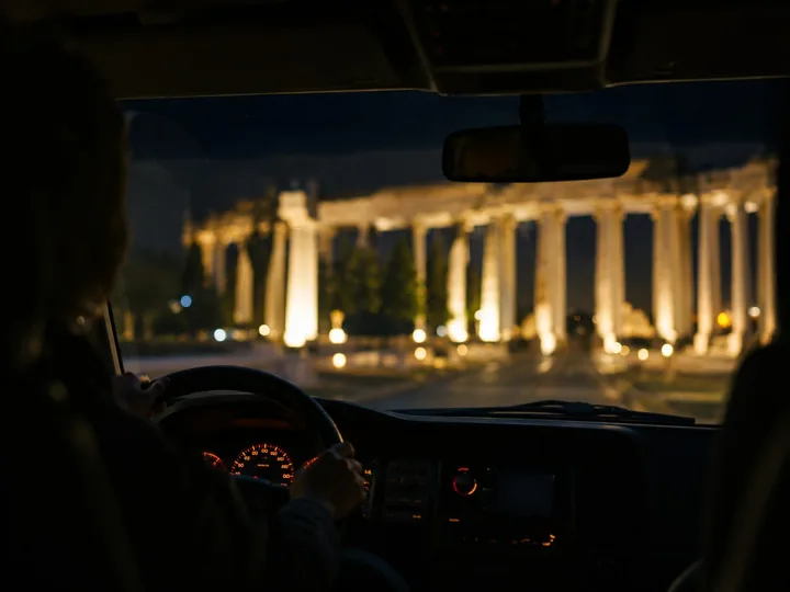 Floodlit columns seen through a tour van windshield at night