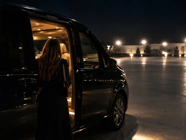 A tour van with its door open at night