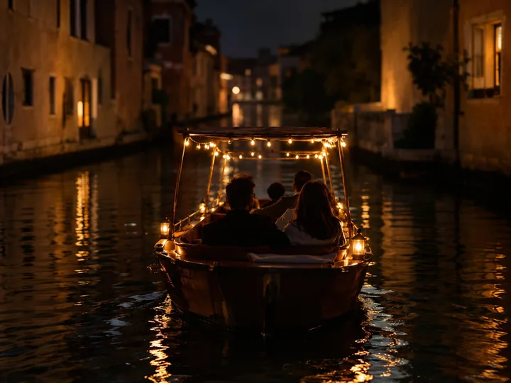 A small open boat with string lights on a calm canal at night