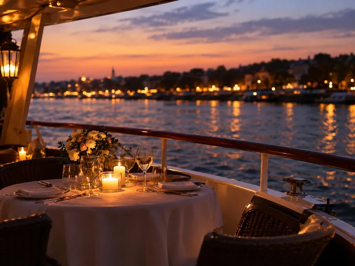 A candlelit dinner table on an open riverboat deck at dusk