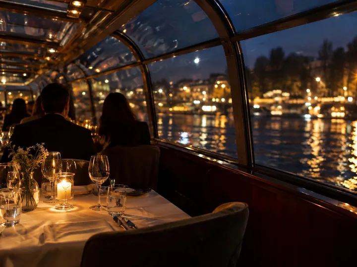 A candlelit dinner table on a glass-roofed river boat