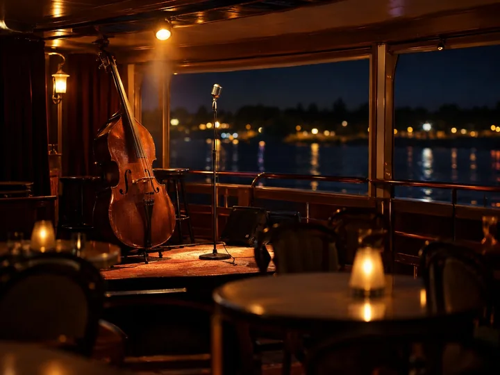 A double bass and microphone on a riverboat stage at night