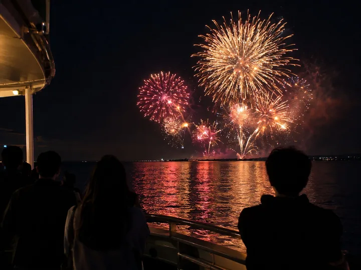 Fireworks over dark water seen from a boat deck