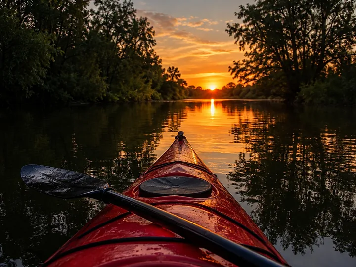 A kayak on a calm canal at sunset