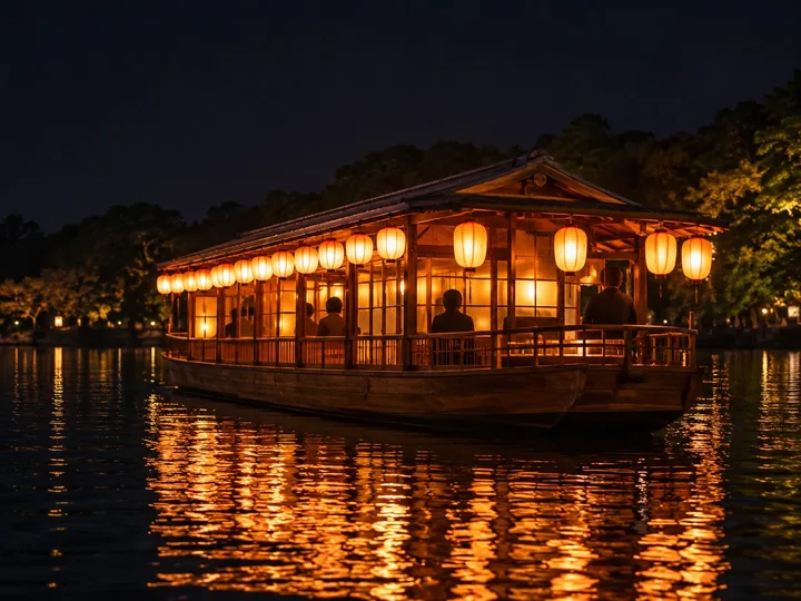 A traditional wooden boat hung with paper lanterns at night