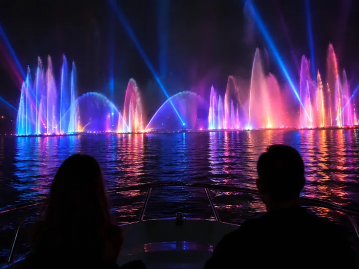 Colored light beams reflected on water at night