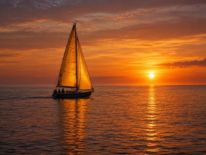 A sailboat under full sail at sunset