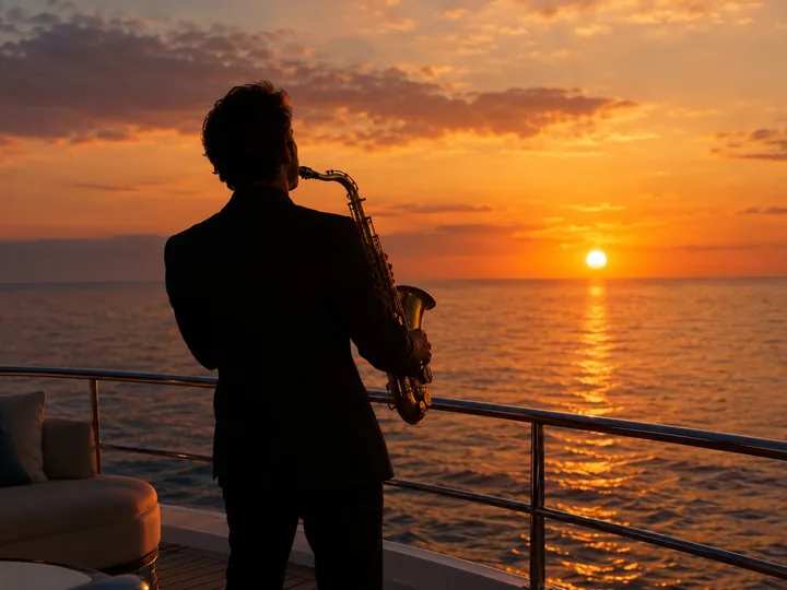 A saxophonist playing on a boat deck at sunset