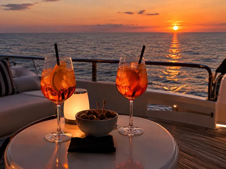 Spritz glasses on a boat table at sunset