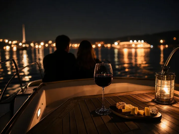 A glass of wine on a boat deck at night