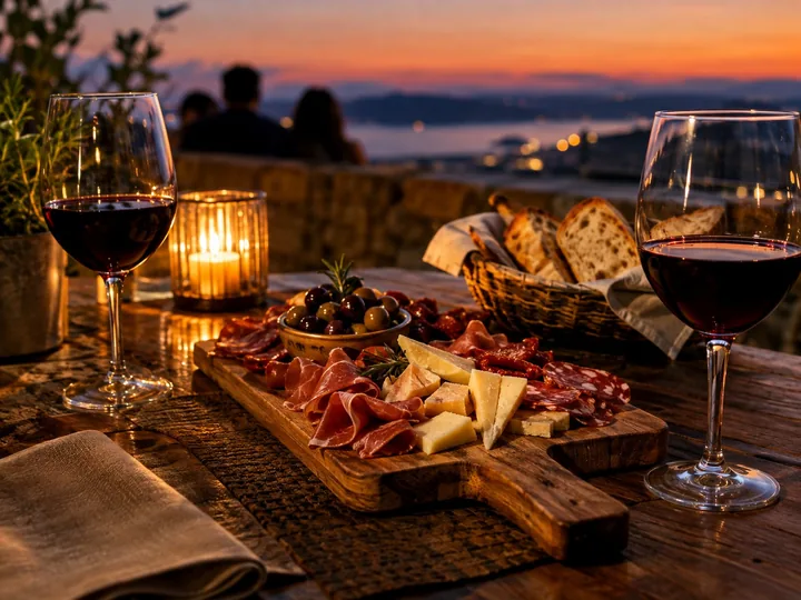An antipasto board with cured meats and wine at dusk