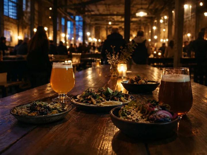 Small plates and craft beer on a long shared table