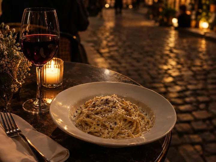Pasta and red wine on a candlelit outdoor table