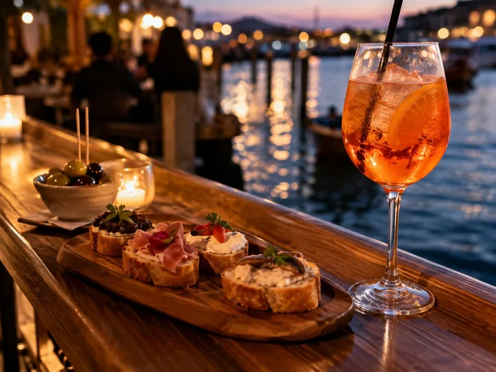 Cicchetti on a wooden counter with an orange spritz