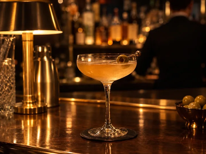 A cocktail on a dim wood-paneled bar