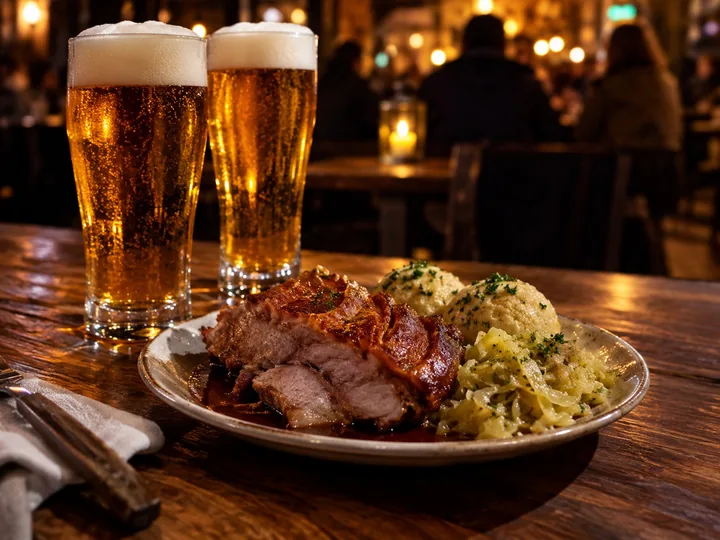 Glasses of lager beside dumplings and roast pork