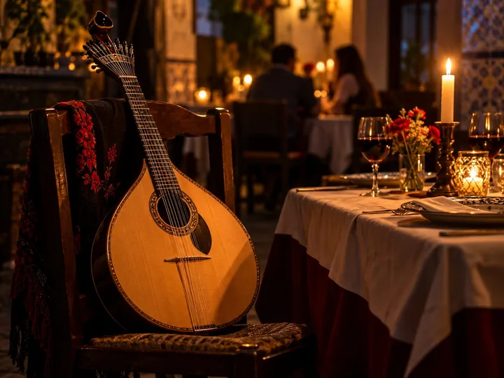 A Portuguese guitar resting by a candlelit dinner table