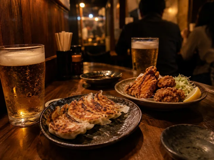 Gyoza and fried chicken with beer in a tiny tavern