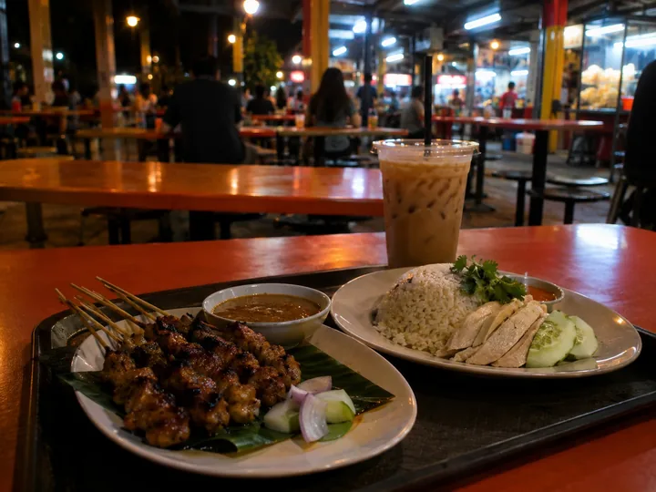 Hawker plates of satay and chicken rice on a tray