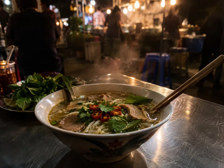 A bowl of noodle soup with chilies under stall lights
