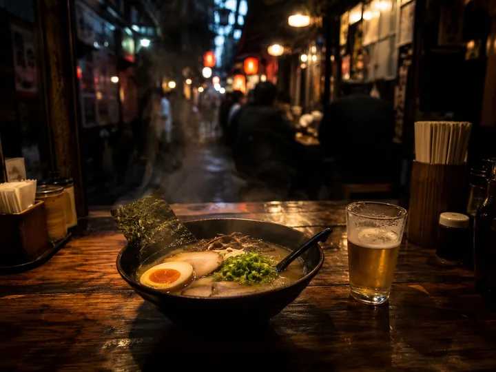 A steaming bowl of ramen on a tavern counter
