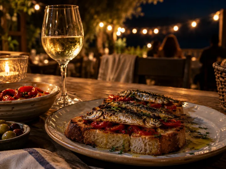 Grilled sardines and a glass of wine at an outdoor table