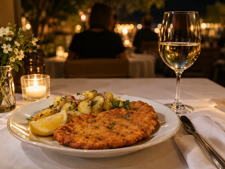 A schnitzel with lemon and a glass of white wine