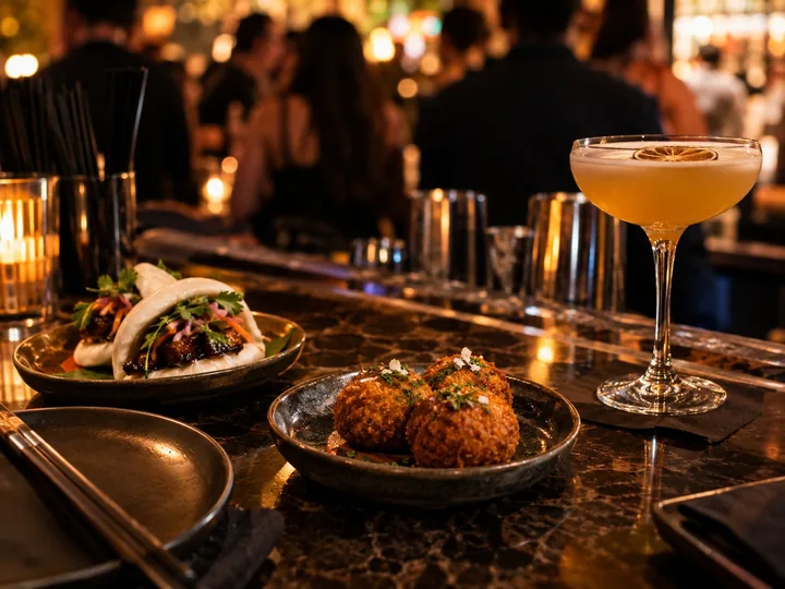 Small plates and a cocktail on a busy bar counter