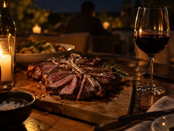 A sliced Florentine steak with a glass of Chianti