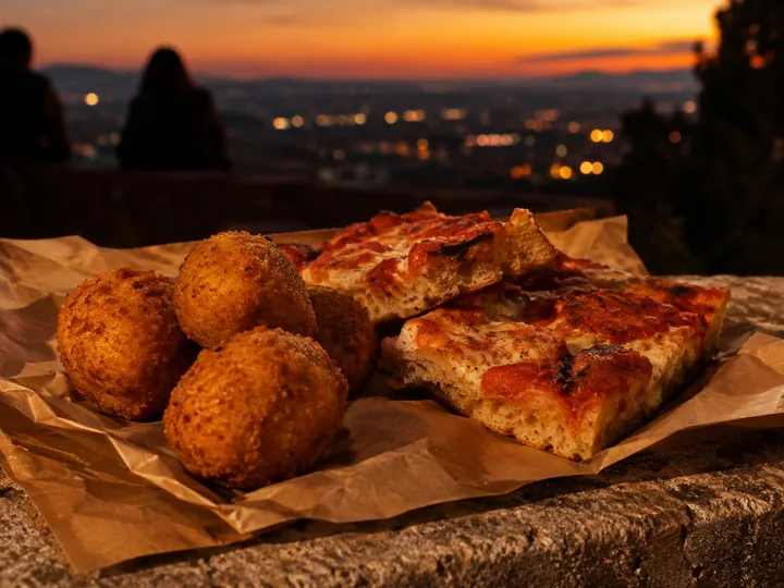Fried rice balls and pizza slices on paper