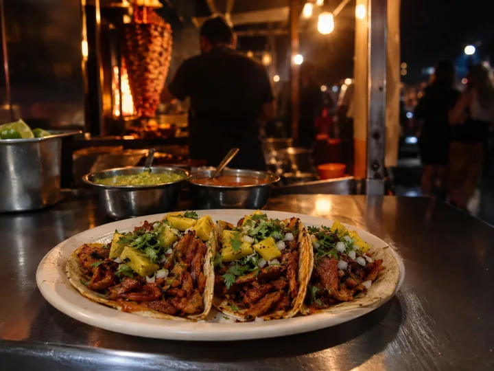 Tacos al pastor with salsa on a plate