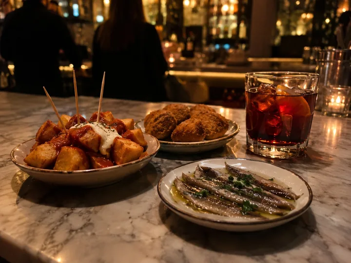 Tapas plates and a glass of vermouth on a bar counter