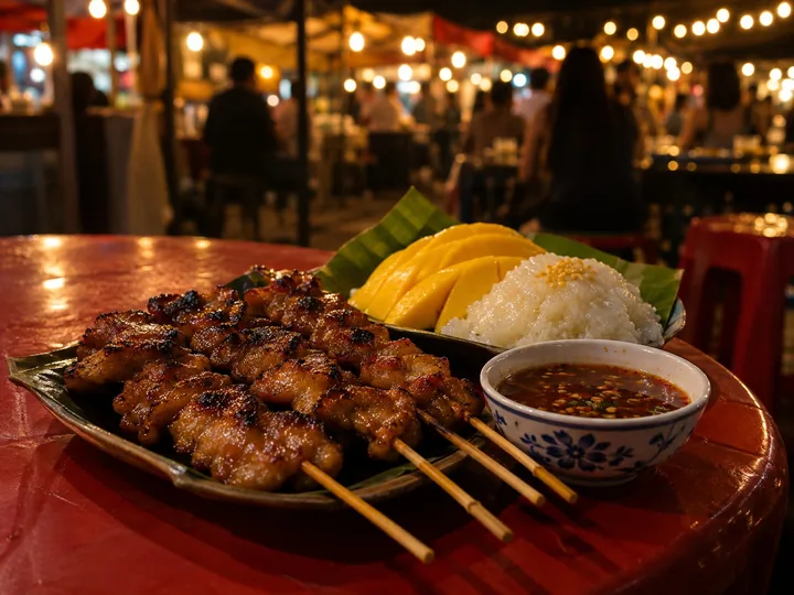 Grilled skewers and mango sticky rice on a street table at night