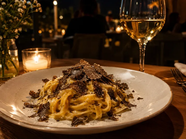 Truffle pasta with shaved truffle and white wine