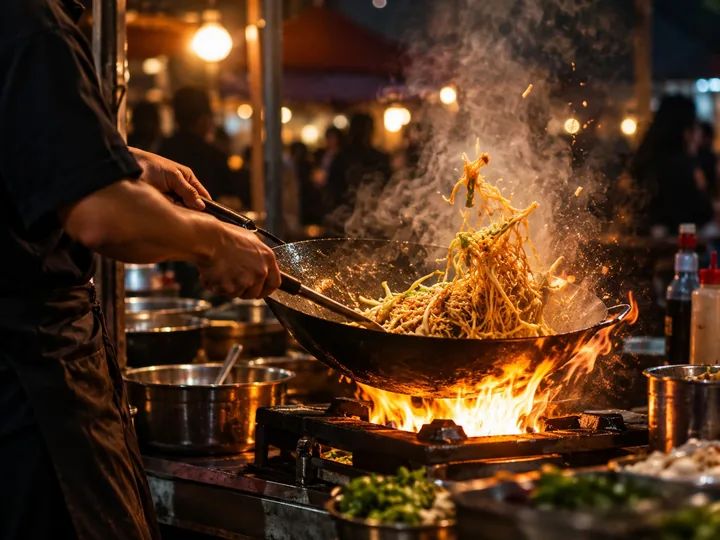 A cook tossing noodles in a flaming wok at a street stall at night