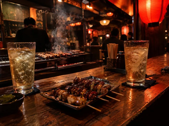 Yakitori skewers and highballs on an izakaya counter