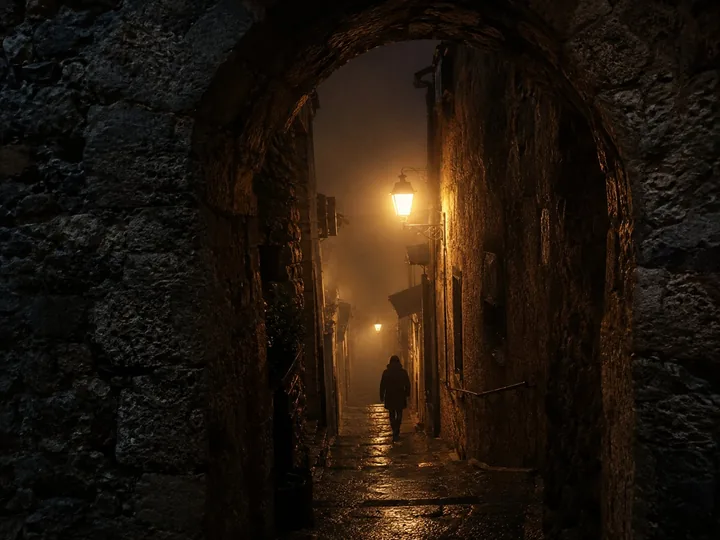 A narrow stone archway with a single lamp in mist