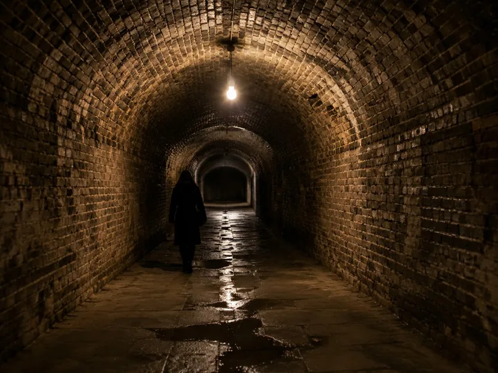 A brick-vaulted cellar corridor lit by a single bare bulb