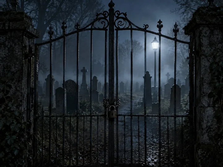 A chained iron cemetery gate in fog at night under a street lamp
